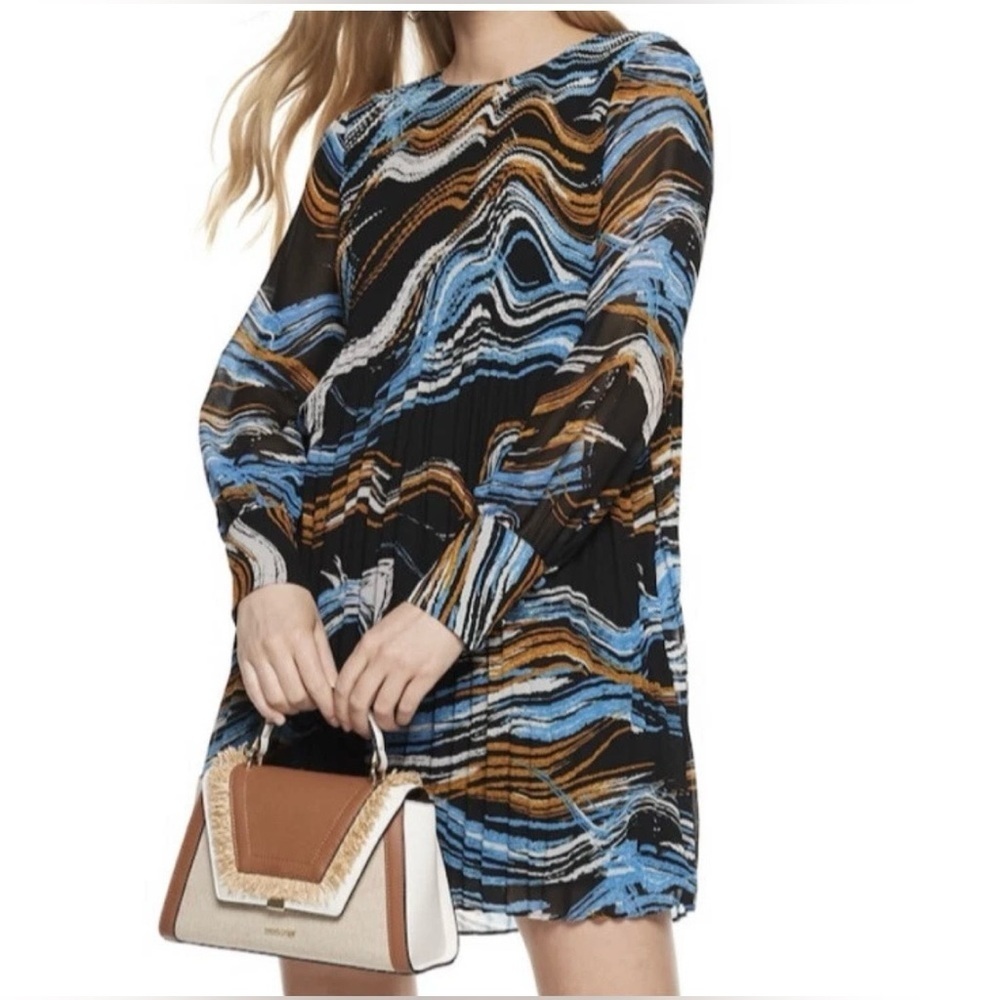 Nine West Dress Pleated Abstract Boho Marble Flowy Maximalist Artsy Lined Medium